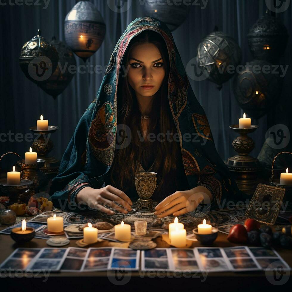 Jeune magnifique fille fortune caissier avec tarot cartes. mysticisme, divination et divination. photo