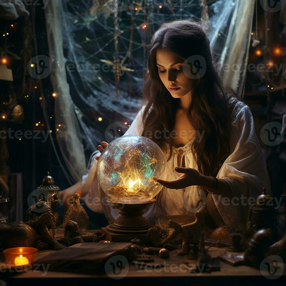 Jeune magnifique fille fortune caissier avec une la magie balle. mysticisme, divination et divination photo