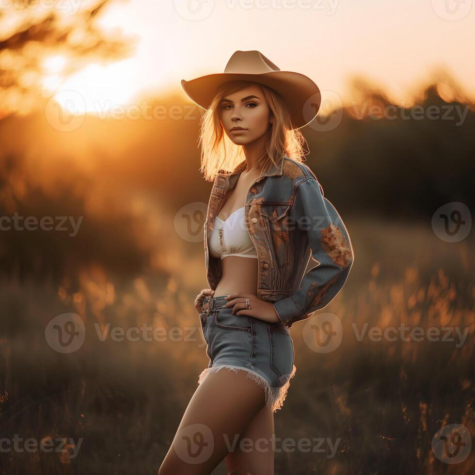 portrait de une femme dans une cow-boy chapeau sur le Contexte de le réglage soleil, Naturel photo dans le champ, ,doux lumière, ai génératif art