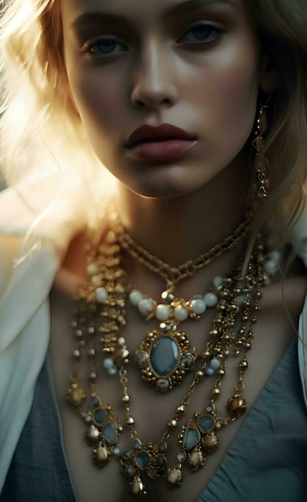 portrait de une européen blond fermer dans élégant bijoux , Naturel studio photo, chaud filtre, ai génératif art photo