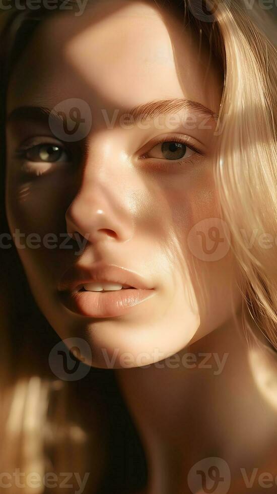 portrait de une blond européen femme avec clair yeux, fermer, doux lumière, ai génératif art photo