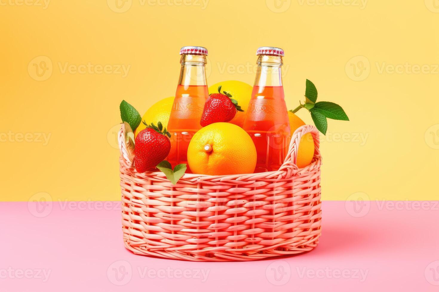 panier avec Frais limonade bouteilles et agrumes fruit sur minimal arrière-plan, ai génératif photo