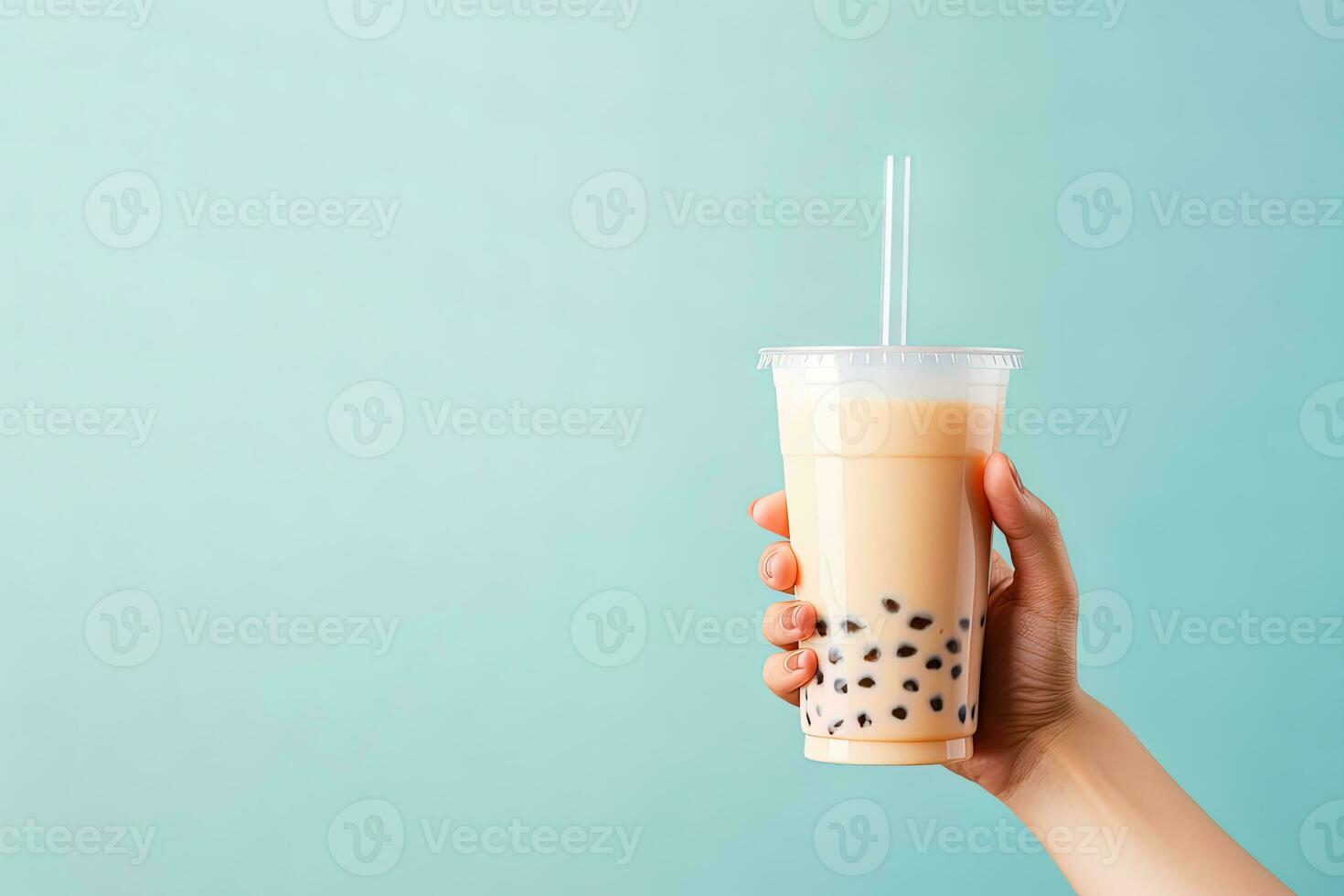 une main en portant à emporter Plastique tasse de délicieux glacé bulle Lait thé et noir perles avec copie espace. ai généré photo