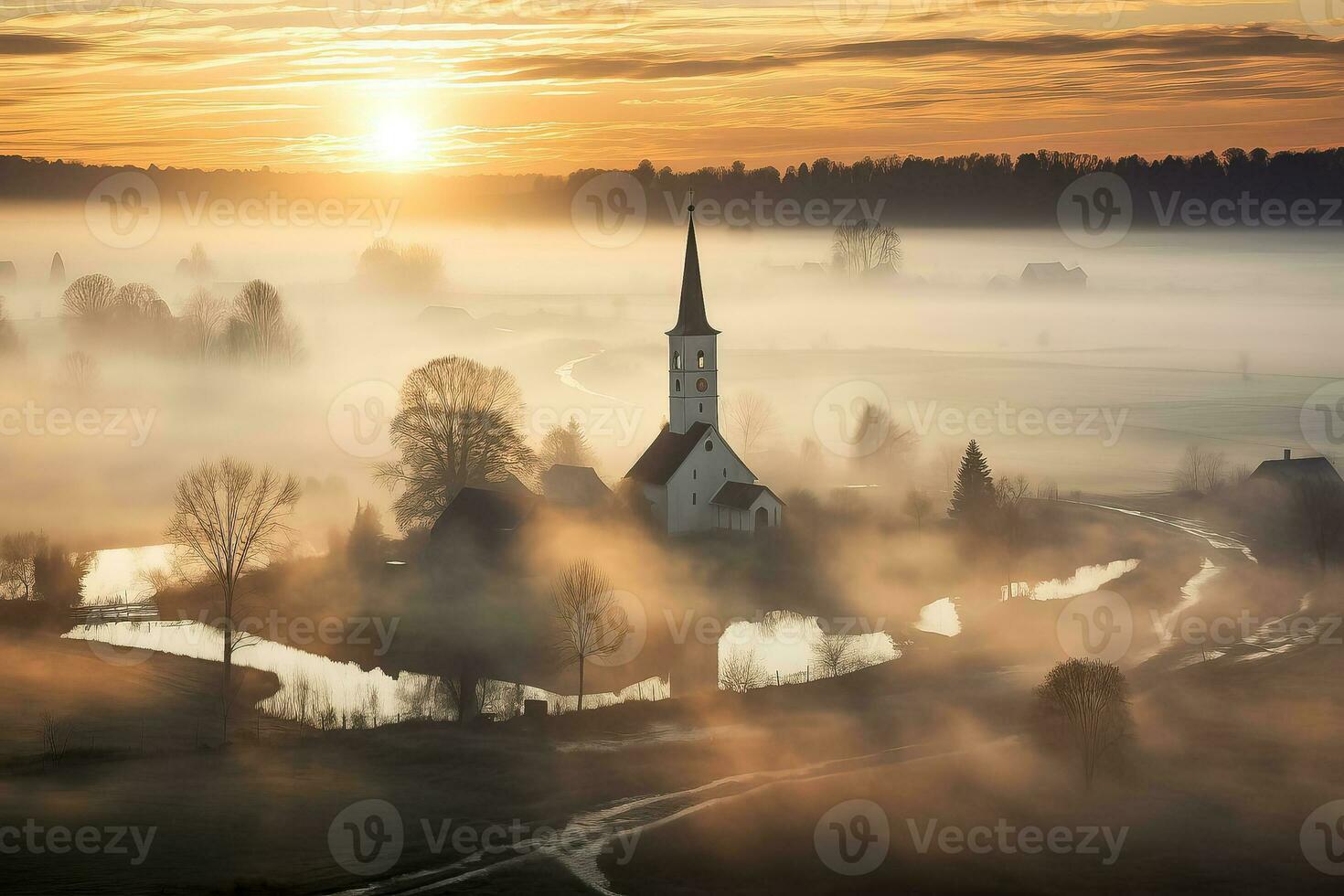 silhouette de église dans brumeux village paysage vu de au dessus photo