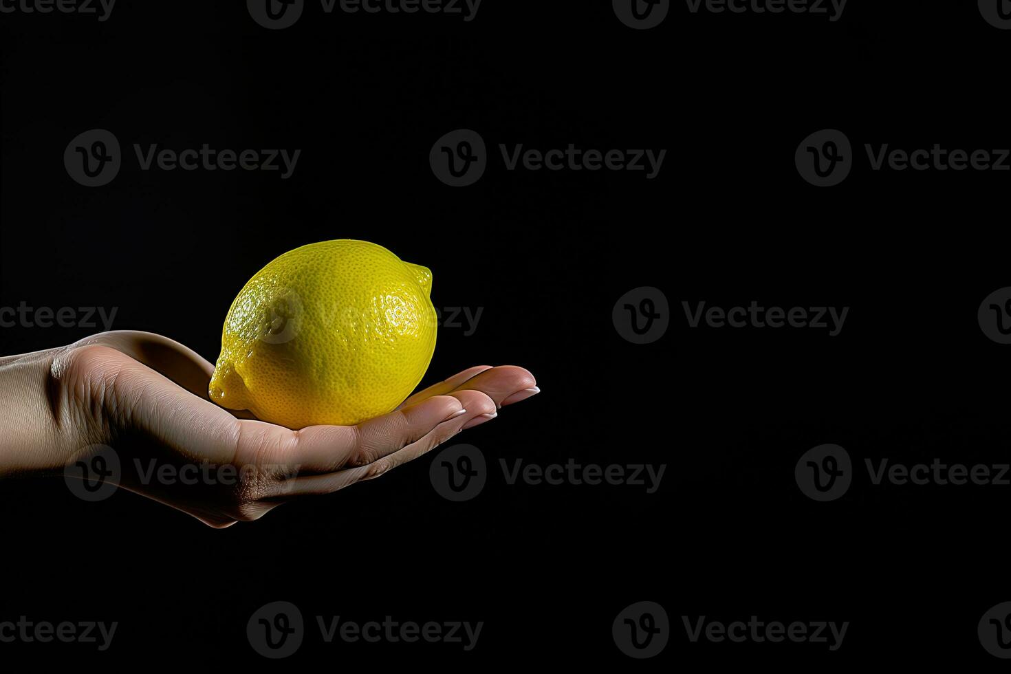 citron dans main isolé sur noir Contexte avec copie espace. ai généré photo