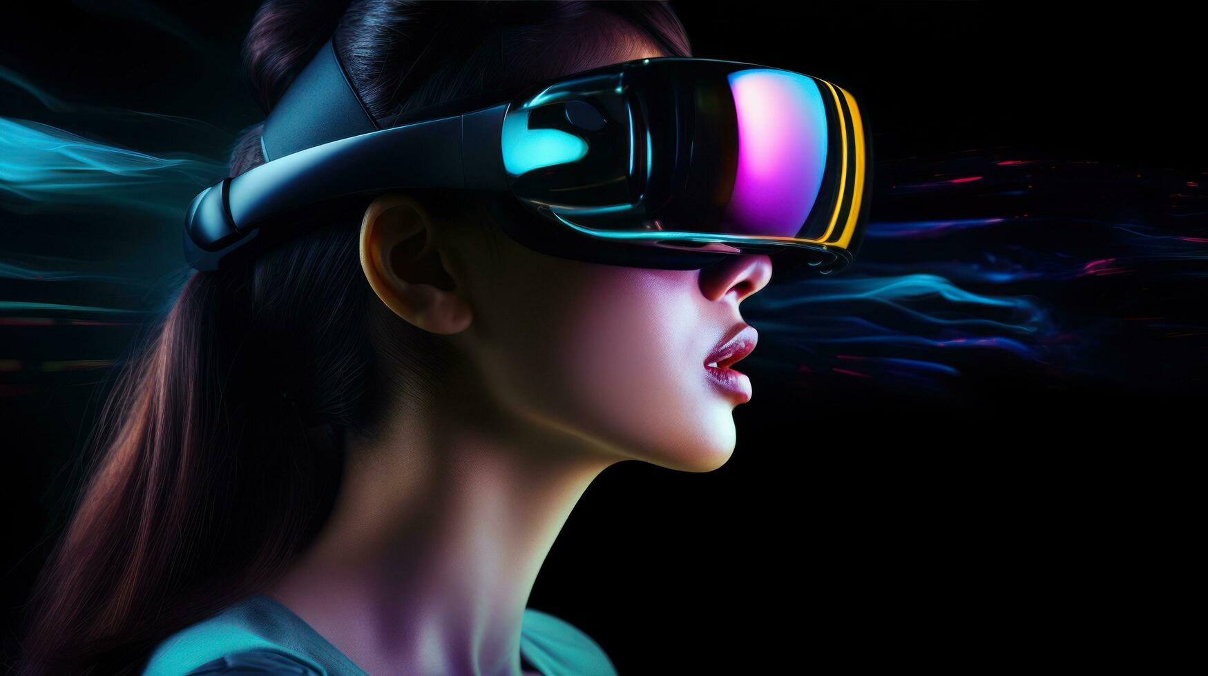 beaufil Jeune femme dans vr des lunettes dans foncé néon vagues La technologie Contexte photo