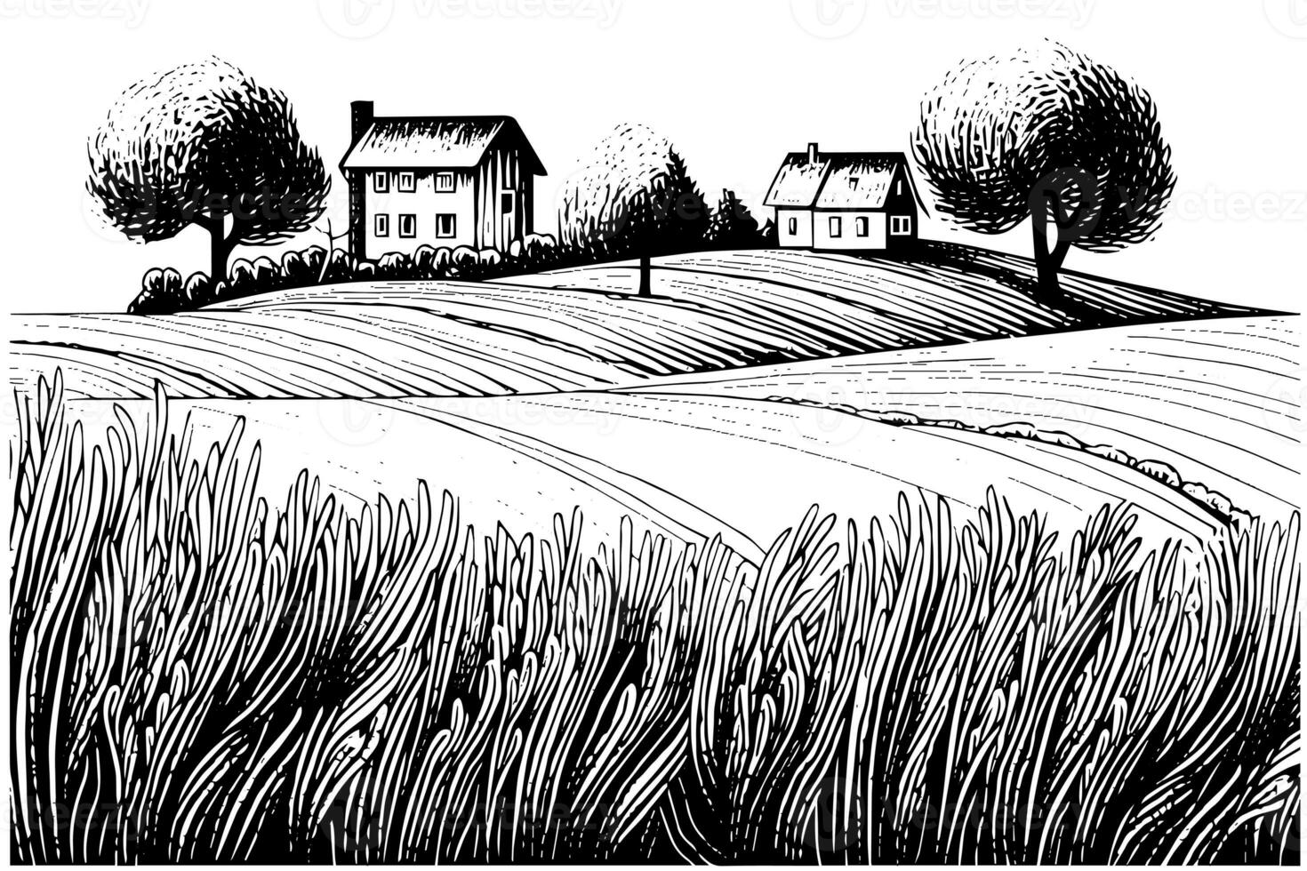 rural paysage avec une ferme dans gravure style. main tiré vecteur illustration photo