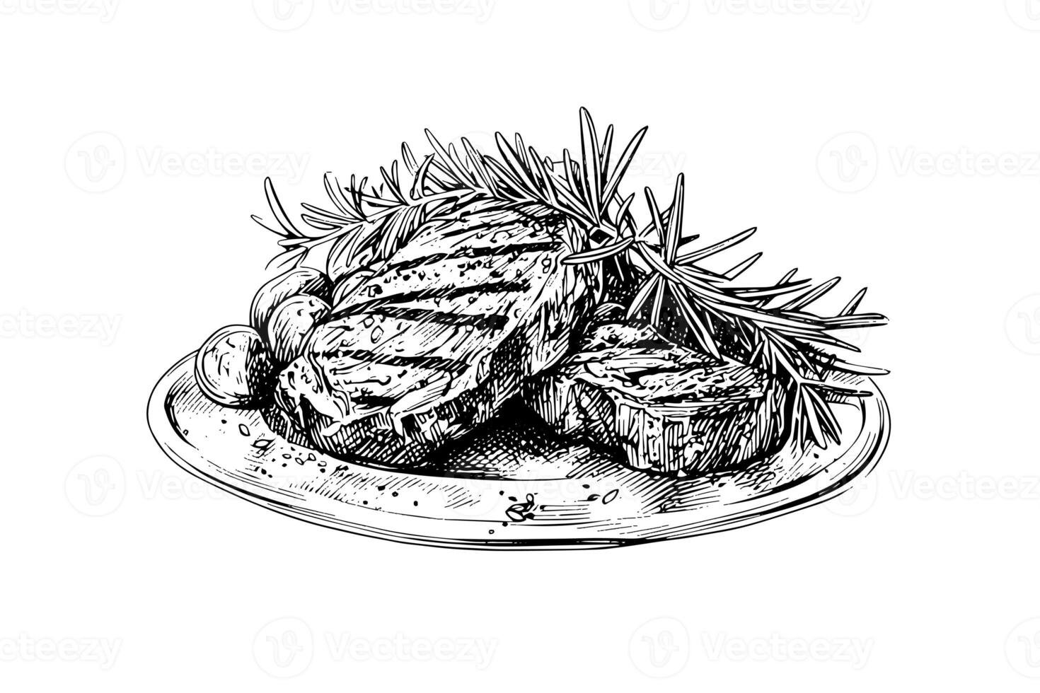 Viande steak sur le plaque. main dessin esquisser gravure style vecteur illustration photo