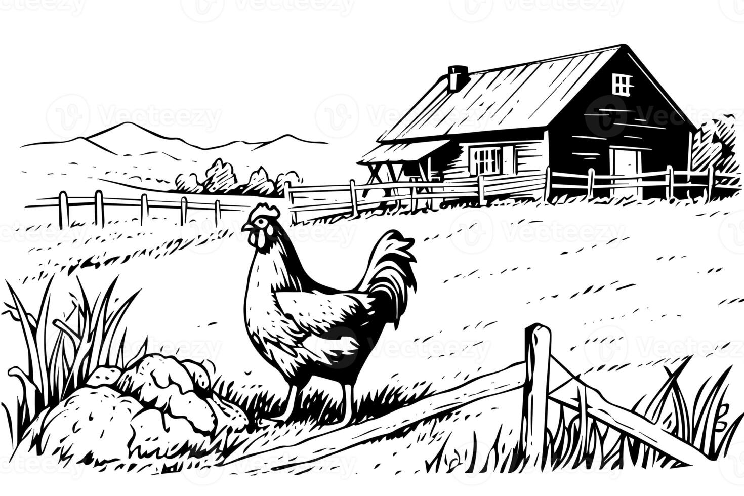 poulets dans ferme esquisser. rural paysage dans ancien gravure style vecteur illustration. photo