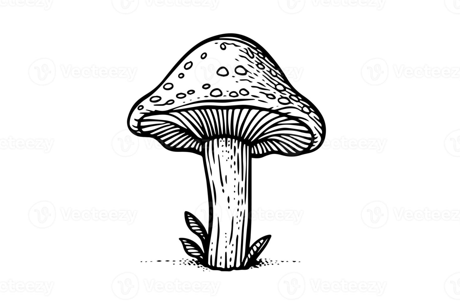 mouche agaric ou amanite champignons groupe croissance dans herbe gravure style. vecteur illustration. photo