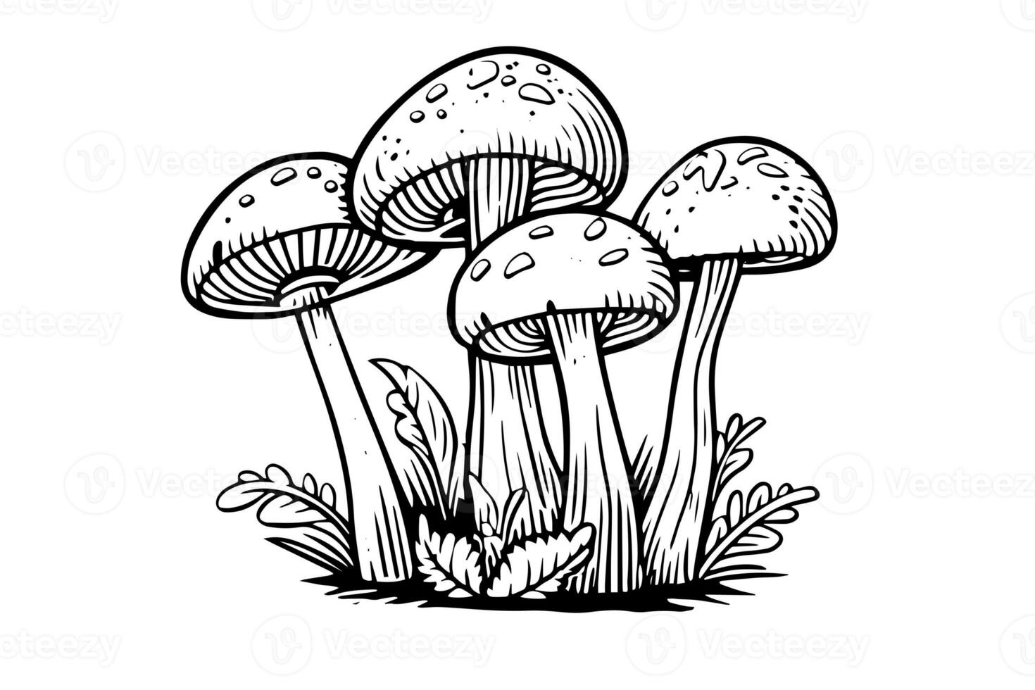 mouche agaric ou amanite champignons groupe croissance dans herbe gravure style. vecteur illustration. photo