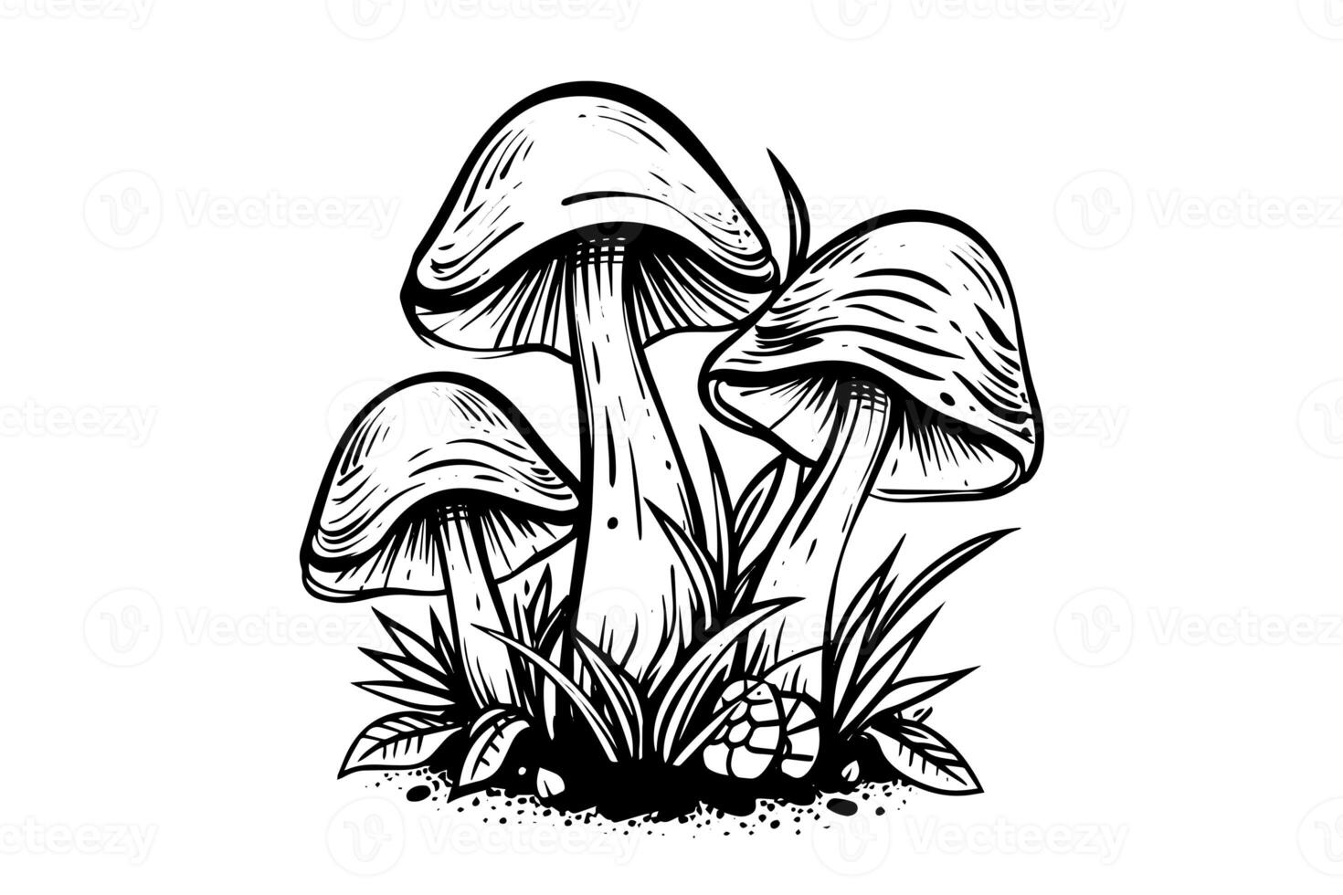 mouche agaric ou amanite champignons groupe croissance dans herbe gravure style. vecteur illustration. photo