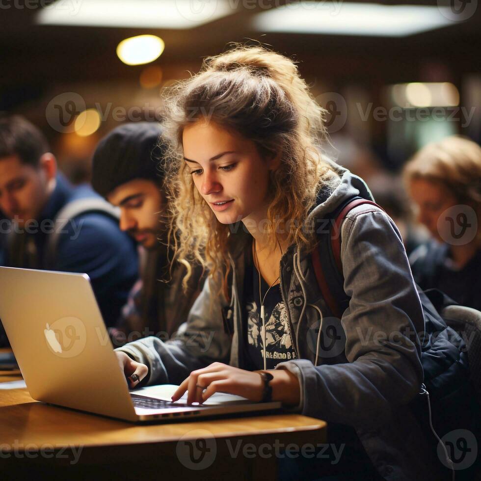 collaboratif apprentissage fille en utilisant portable dans école ou Université environnement avec copains génératif ai photo