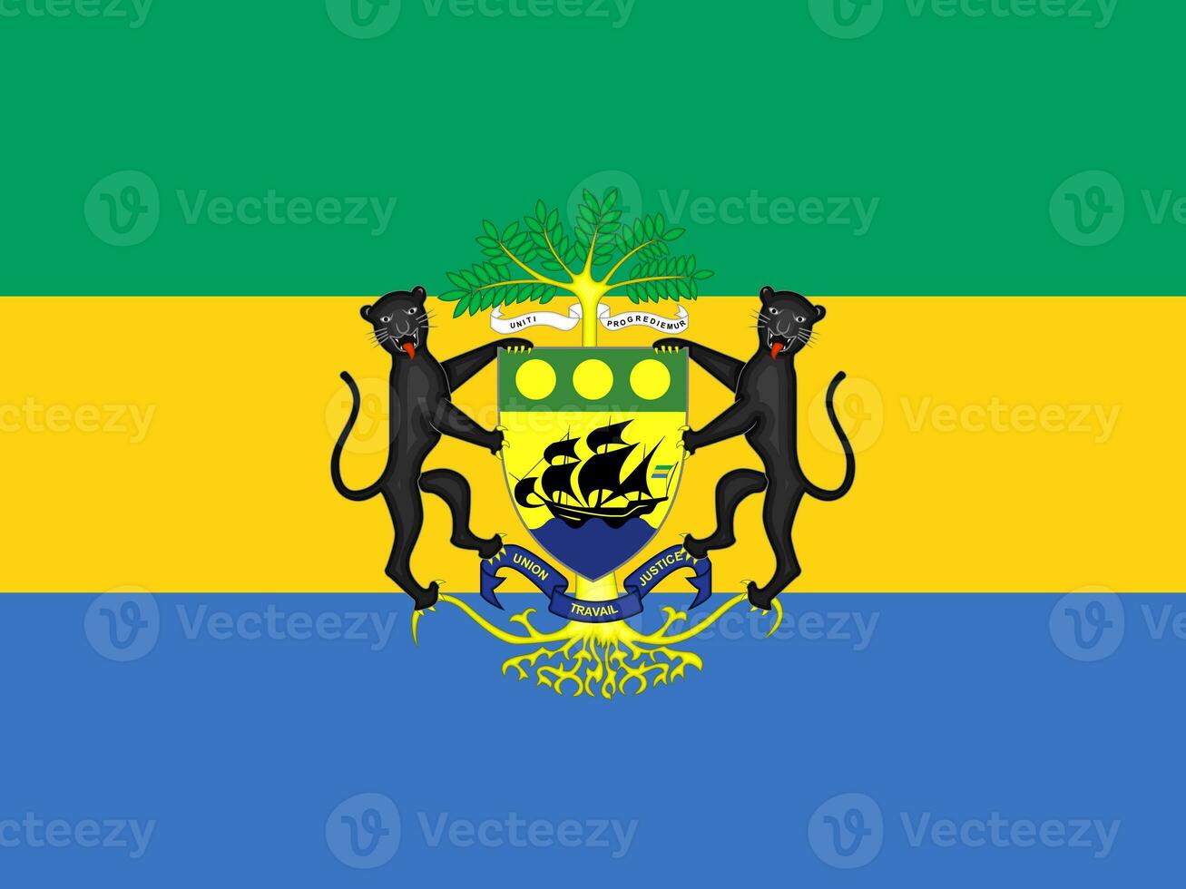 le officiel courant drapeau et manteau de bras de république de Gabon. Etat drapeau de Gabon. illustration. photo