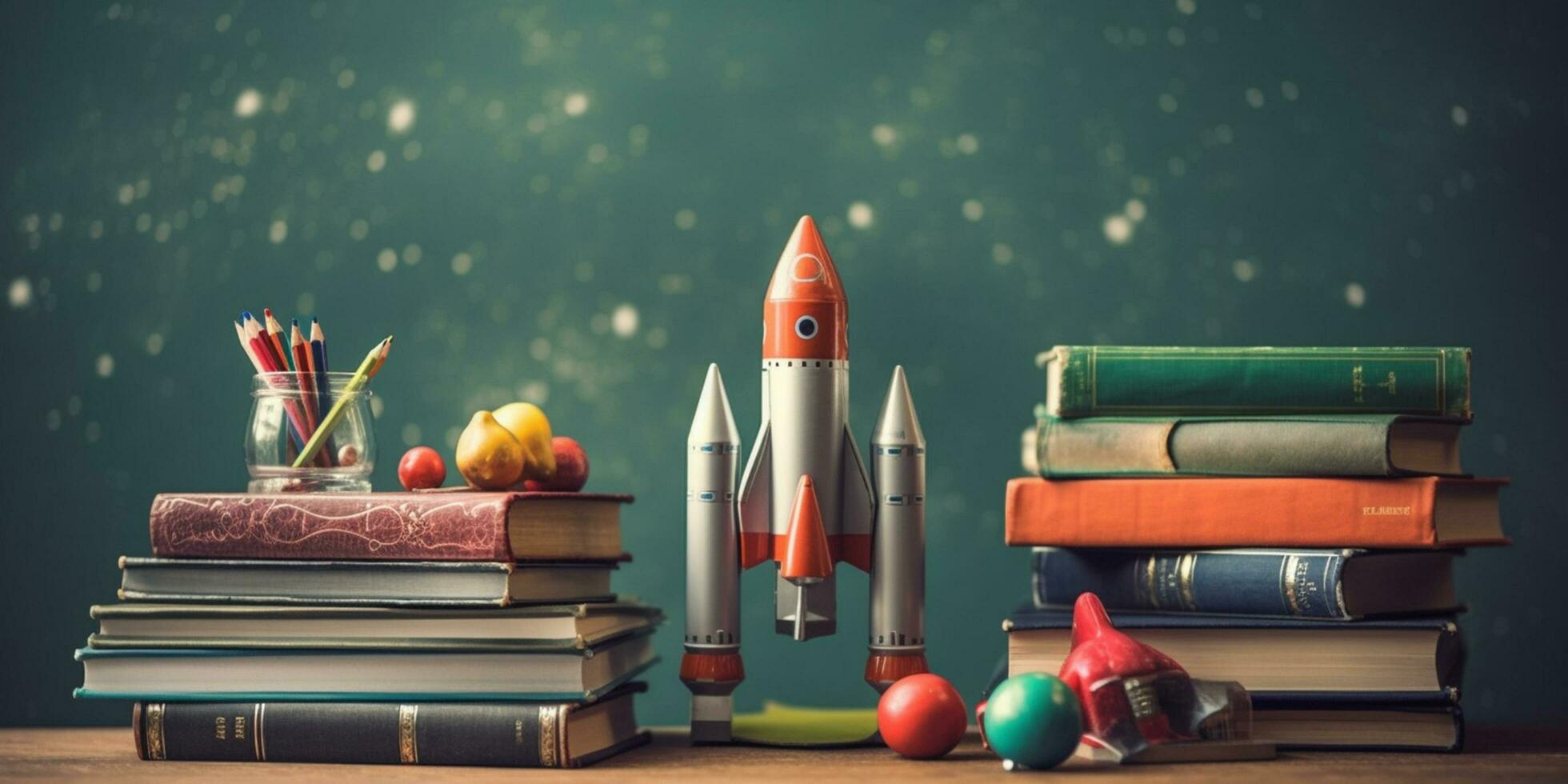 imaginatif apprentissage livres et fusée sur enfant bureau prêt pour école aventure - ai généré photo