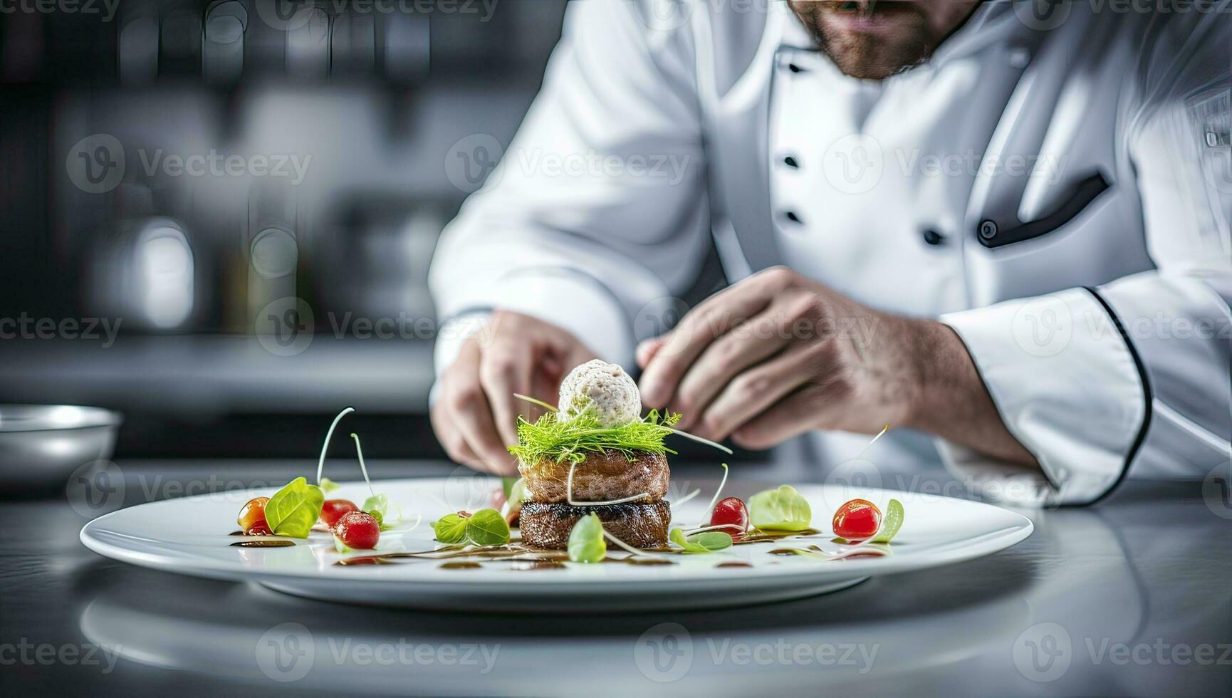 chef décorer une plat sur une blanc assiette dans une restaurant photo