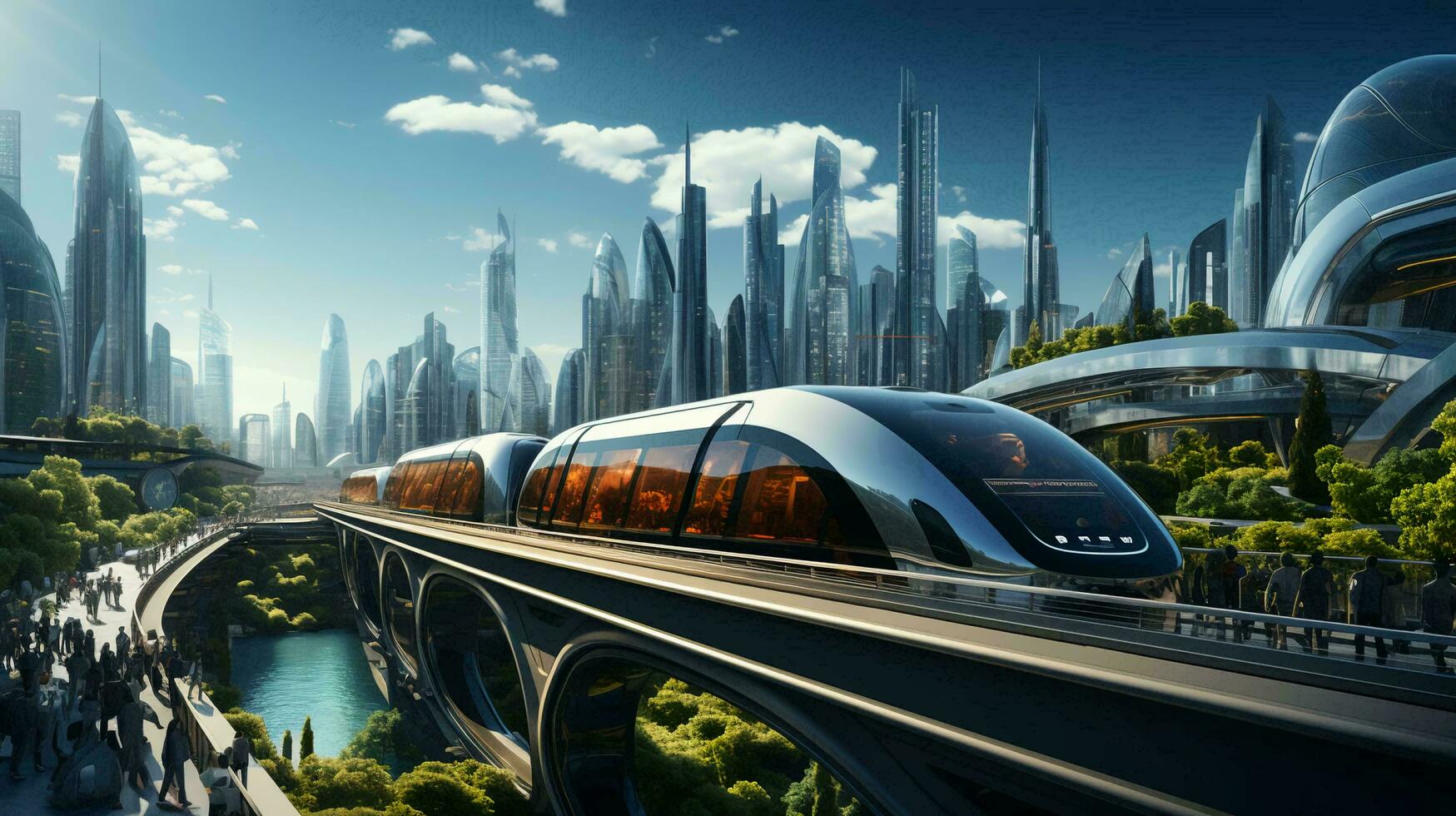 haute vitesse train sur le Contexte de une futuriste ville photo