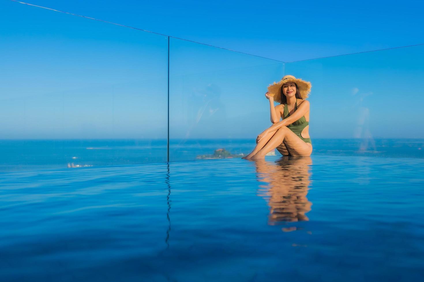 belles jeunes femmes asiatiques sourire heureux se détendre autour d'une piscine extérieure dans un complexe hôtelier pour voyager en vacances photo