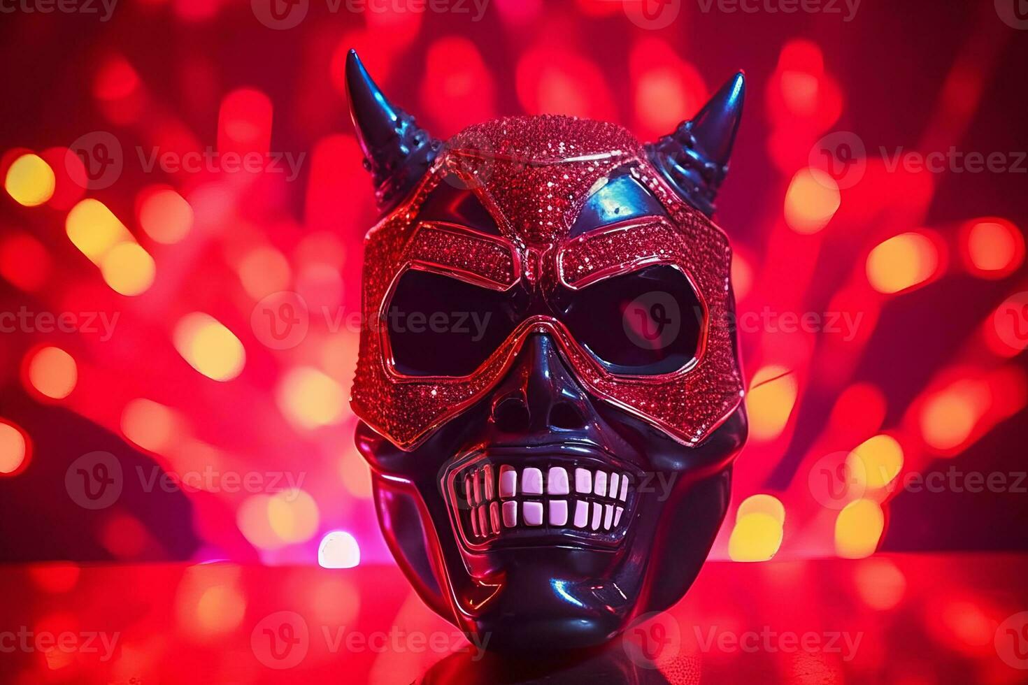 une diable masque sur une table avec rouge lumières dans le Contexte génératif ai photo