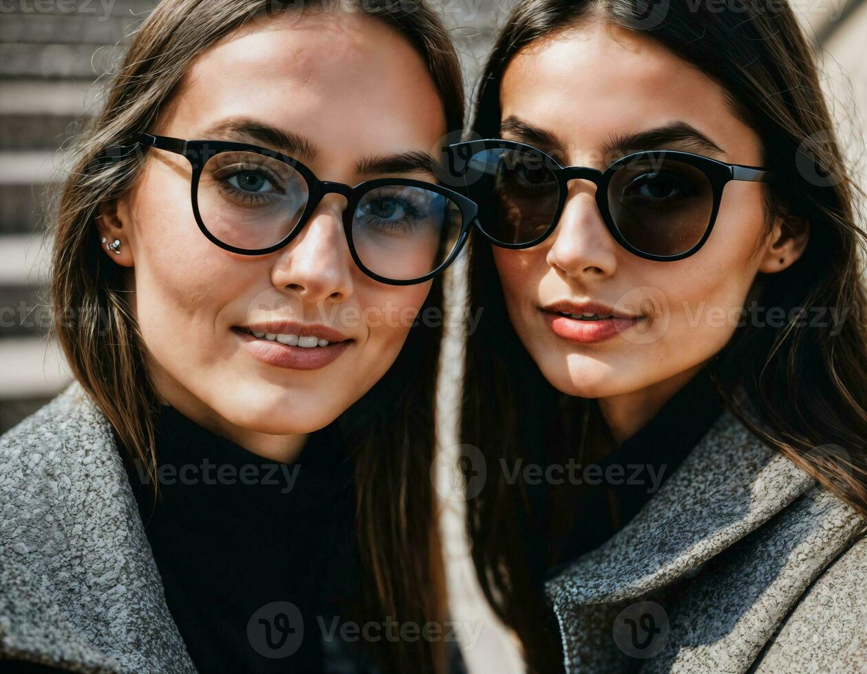 photo de magnifique femme avec noir audacieux des lunettes à escalier dans de face de bâtiment, génératif ai