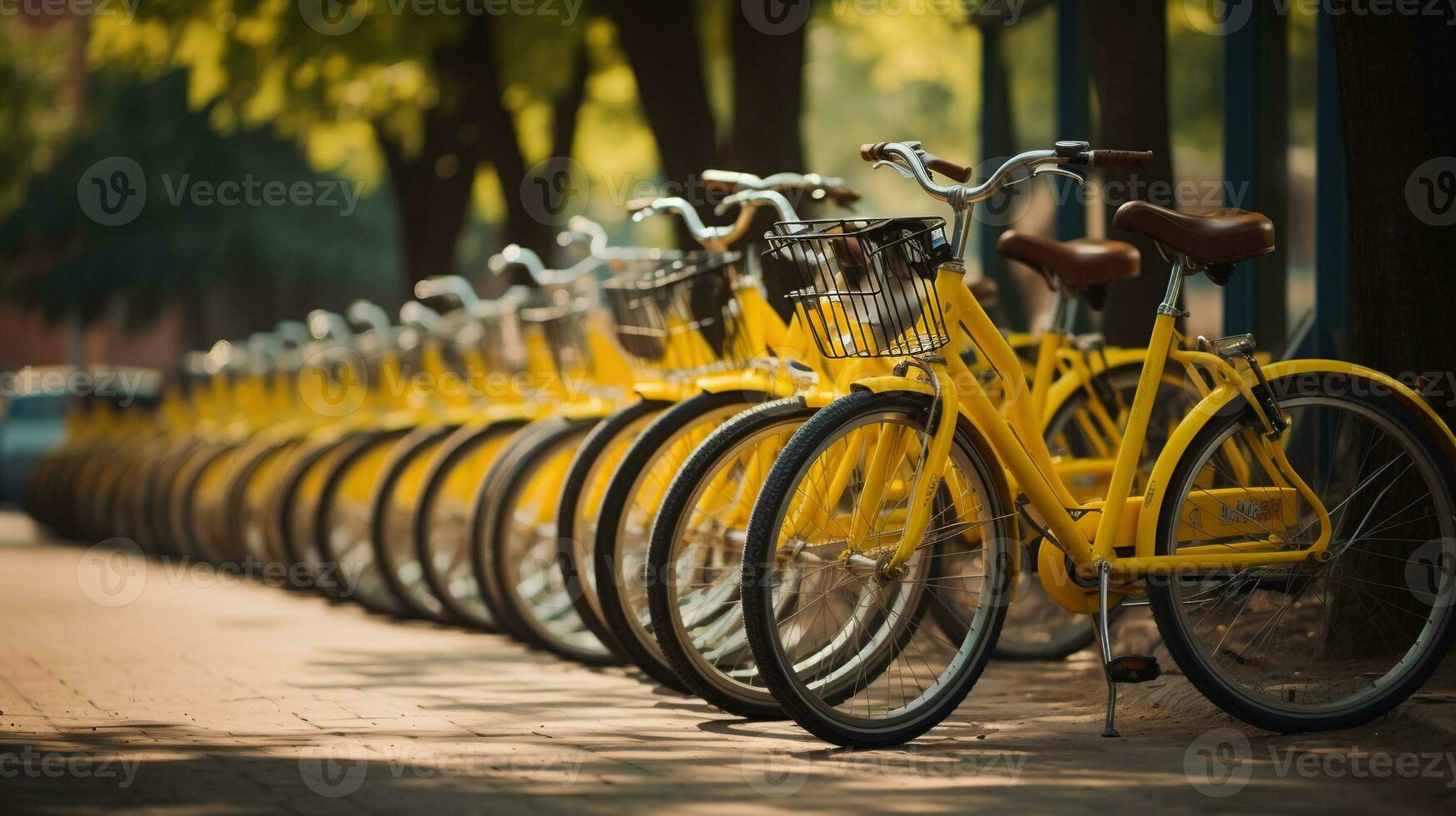 génératif ai, bicyclette partage système, beaucoup Jaune ville vélos garé. en bonne santé écologie Urbain transport. photo