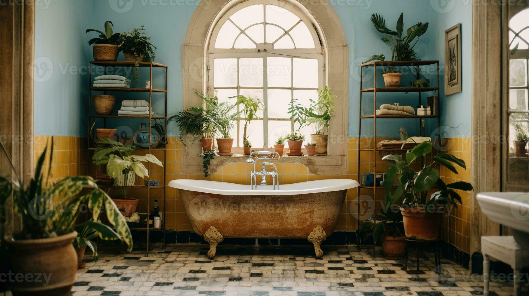 génératif ai, rétro boho Hôtel salle de bains, puerto rico style. brillant couleurs et les plantes photo