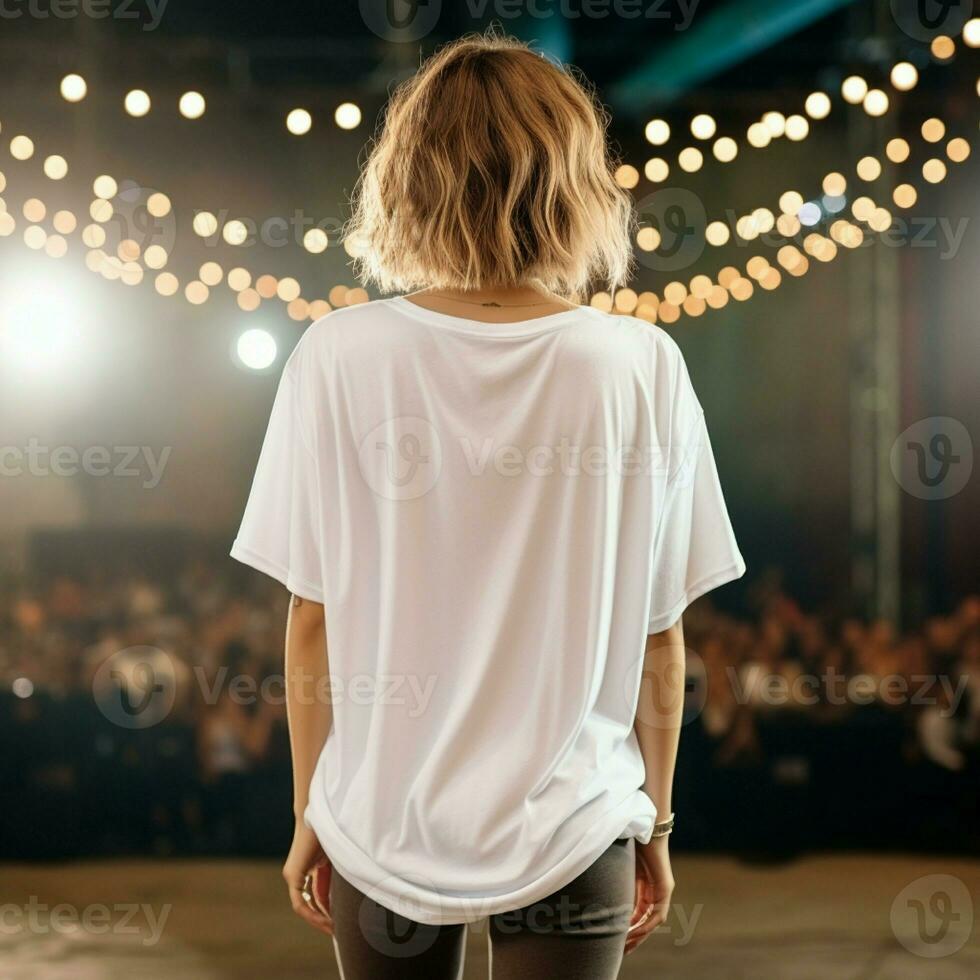 ai généré fille modèle portant blanc surdimensionné t - chemise. la musique concert voir. retour voir. moderne style photo