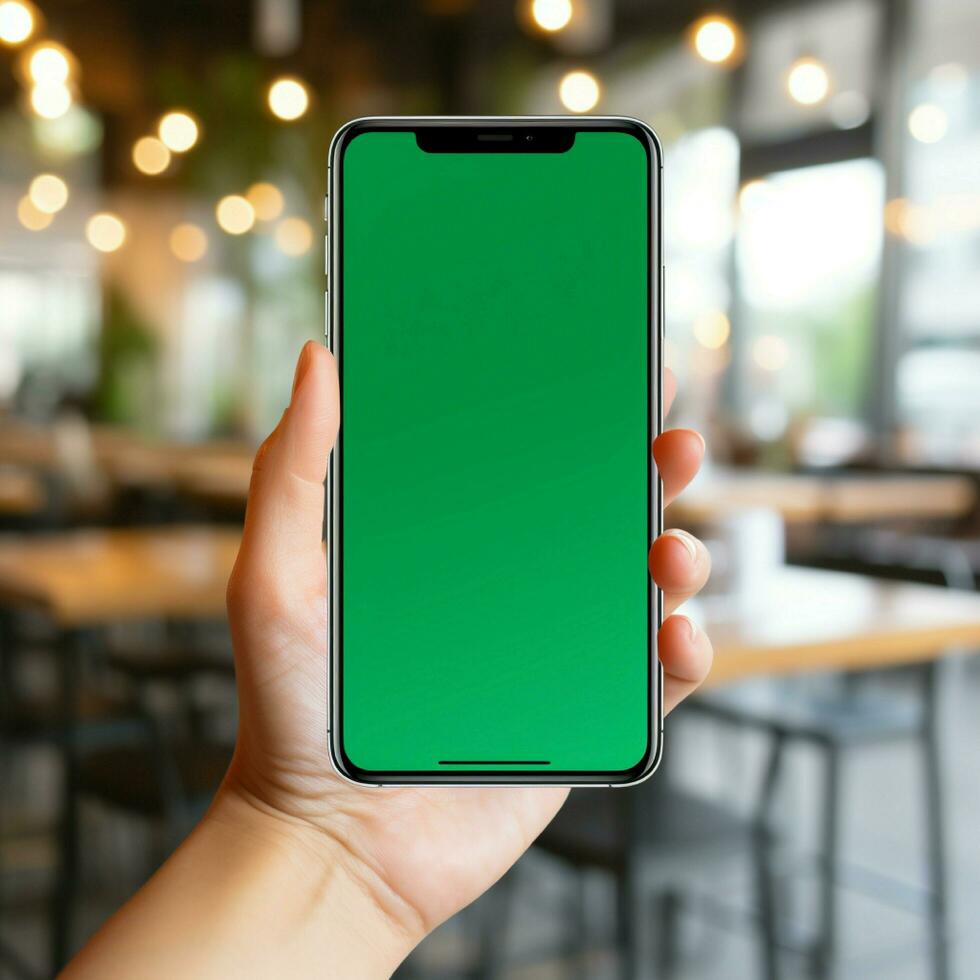 ai génératif femmes main en portant intelligent téléphone avec le écran est Vide plaine brillant vert, brouiller café Contexte photo