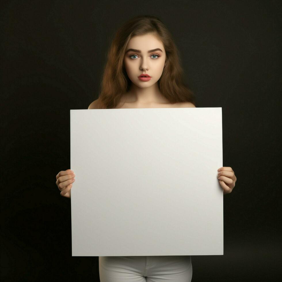 ai généré triste fille en portant une Vide blanc planche photo