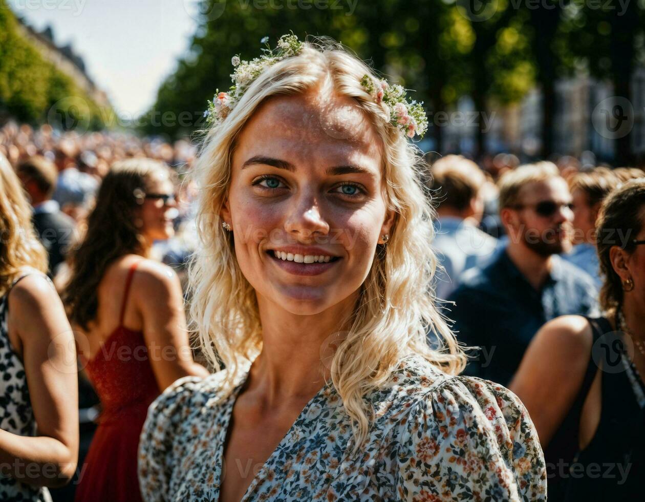 photo de magnifique femme à parade rue dans L'Europe  pays, génératif ai