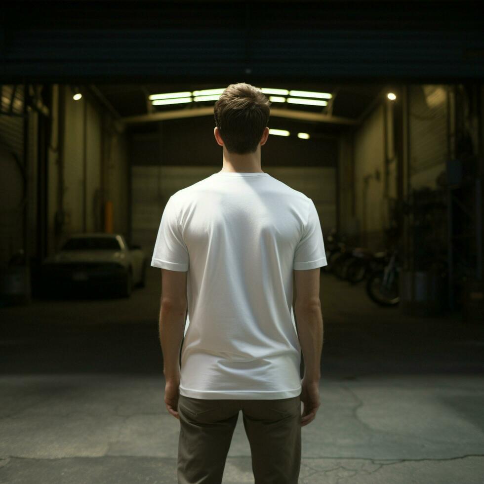 ai génératif une homme portant une plaine blanc t - chemise sur le garage orienté vers en arrière, parfait à créer T-shirt maquette photo