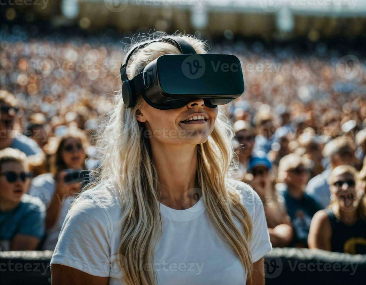 photo de magnifique femme avec vr des lunettes casque à stade sport arène, génératif ai