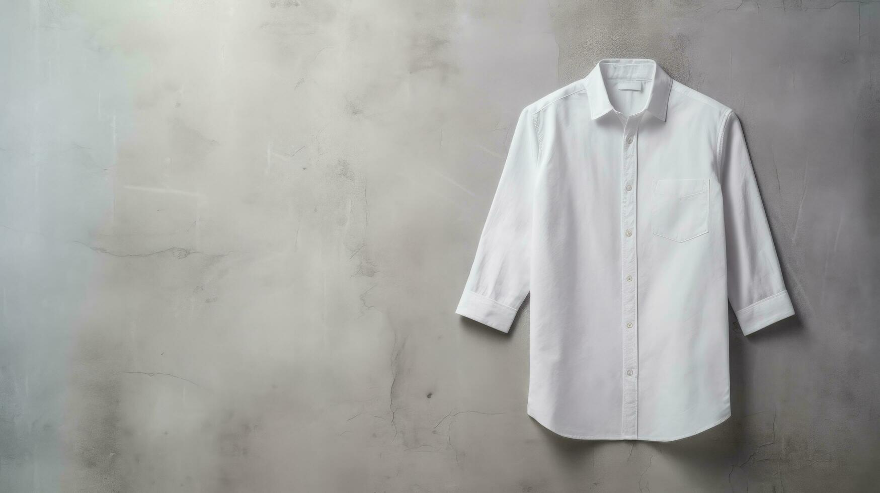 Haut vue de Hommes chemise blanc Couleur sur texture gris arrière-plan, génératif ai. photo