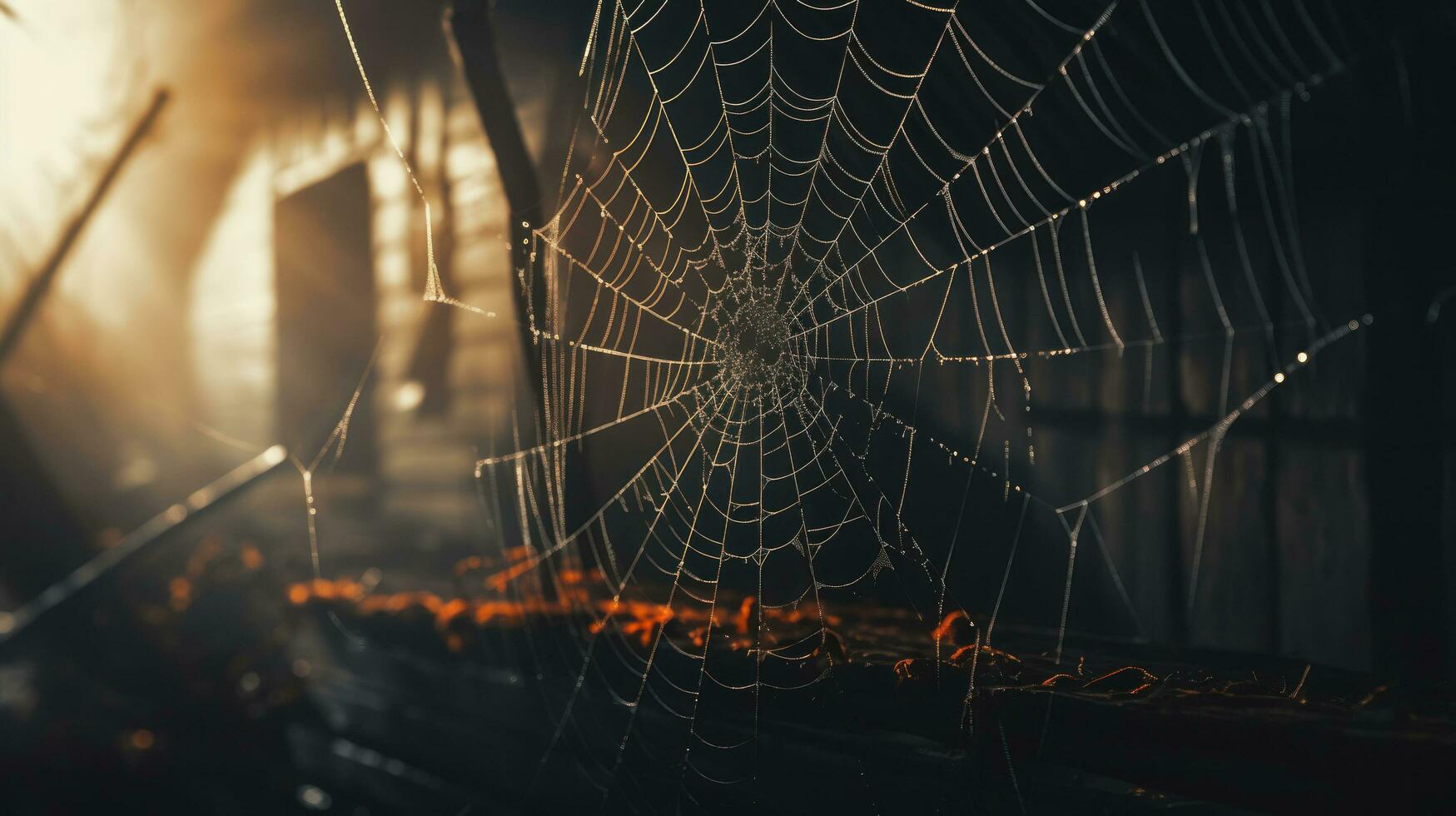 vieux araignée la toile sur coin de abandonné maison et fantôme citrouille, Halloween concept, par ai génératif. photo