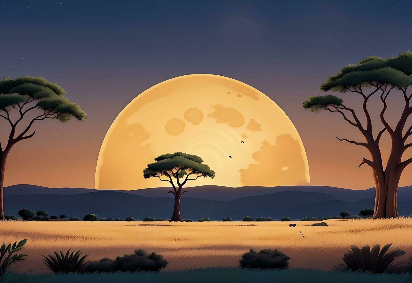 savane paysage avec acacia des arbres à nuit vecteur dessin animé illustration, ai généré photo