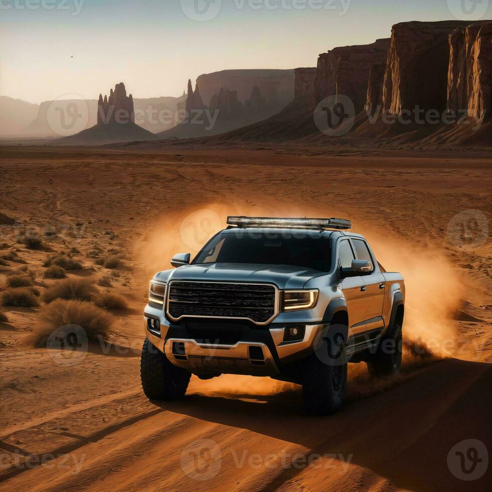 photo de un camion dans chaud le sable désert, génératif ai