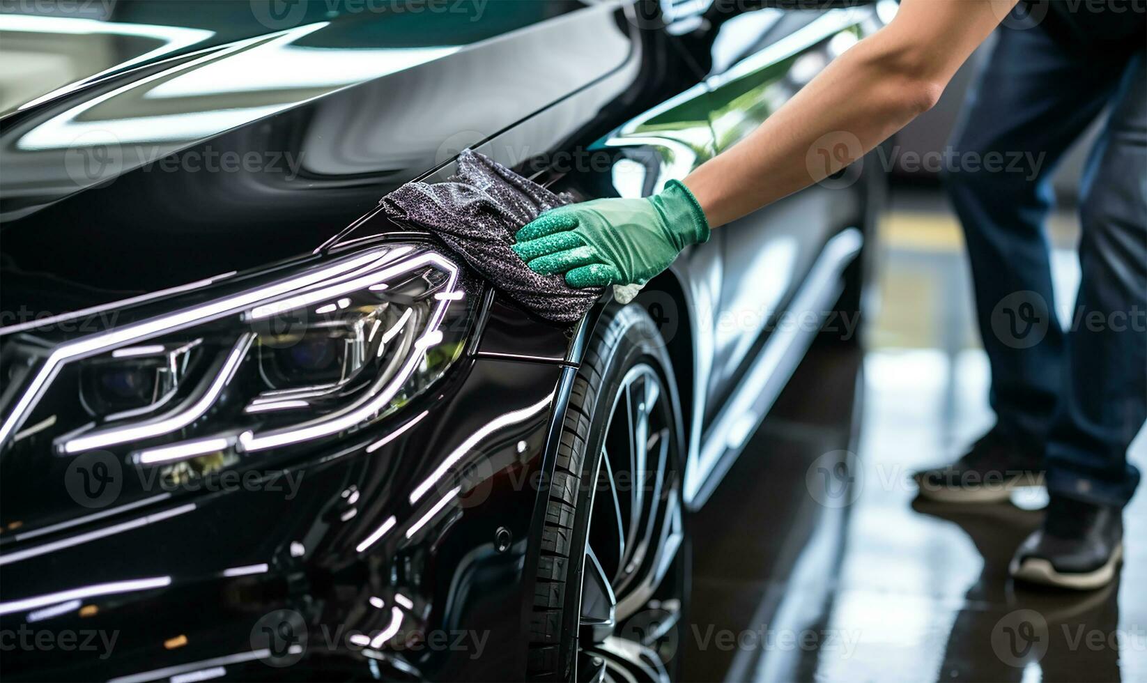 une homme méticuleusement nettoyage une voiture avec une microfibre chiffon. ai généré photo