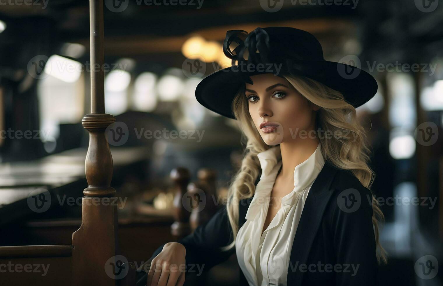 élégant haute société la photographie, magnifique femme dans haute société portant une fantaisie chapeau à une cheval course. ai généré photo