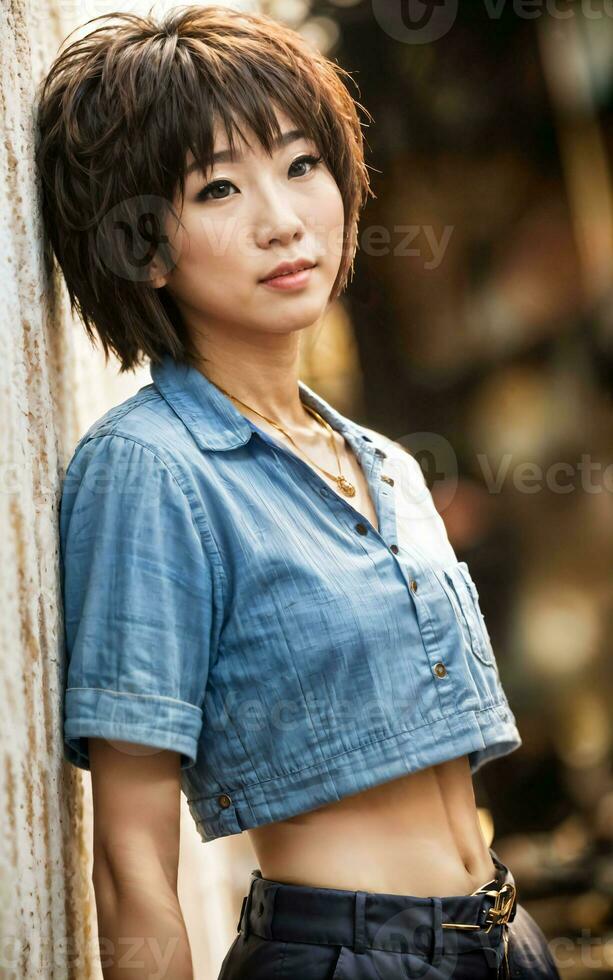 photo de adolescent espiègle asiatique femme avec accessoires et mulet coiffure, génératif ai