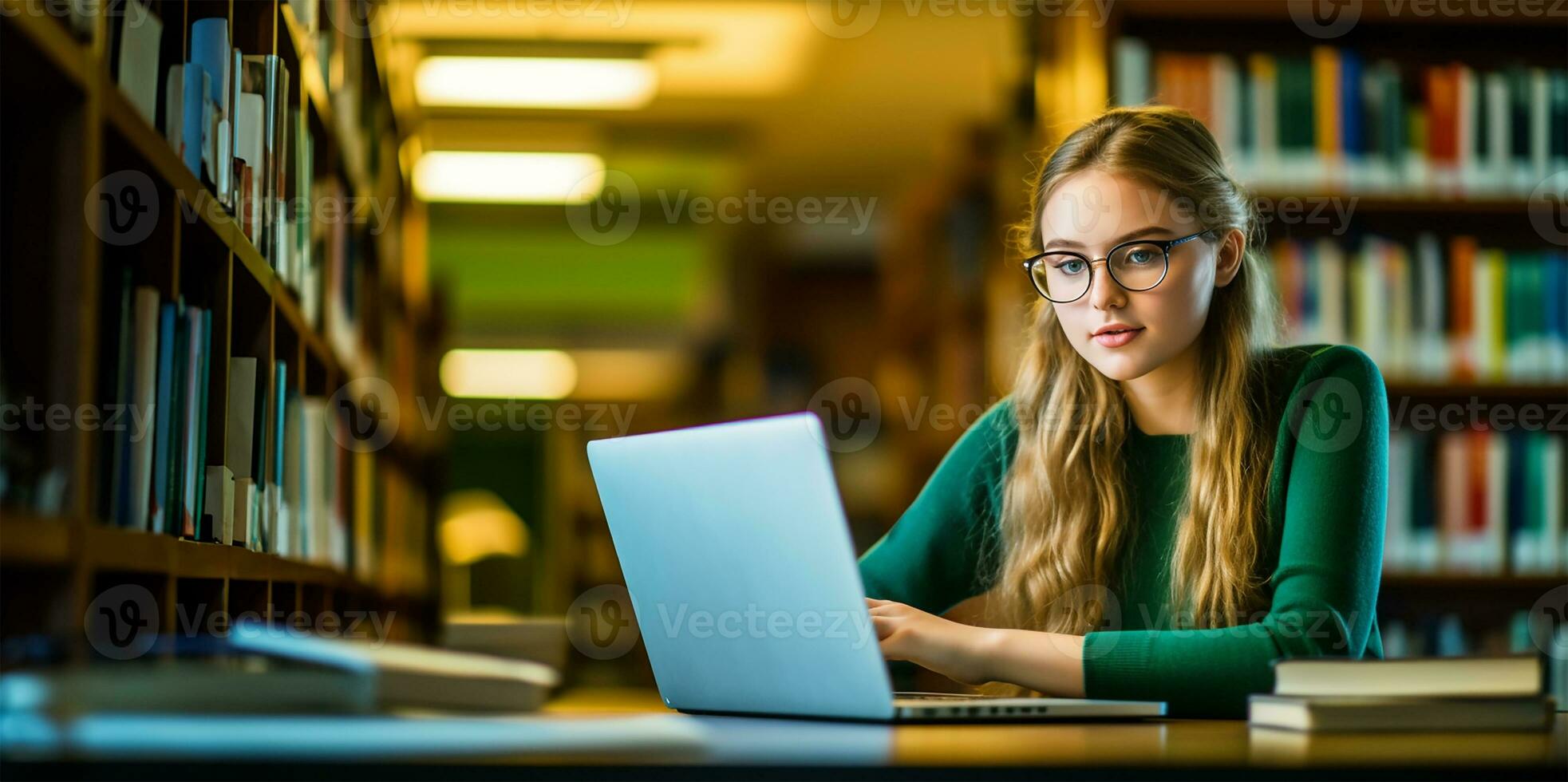 une Jeune femelle étudiant séance confortablement dans une école bibliothèque. ai généré photo