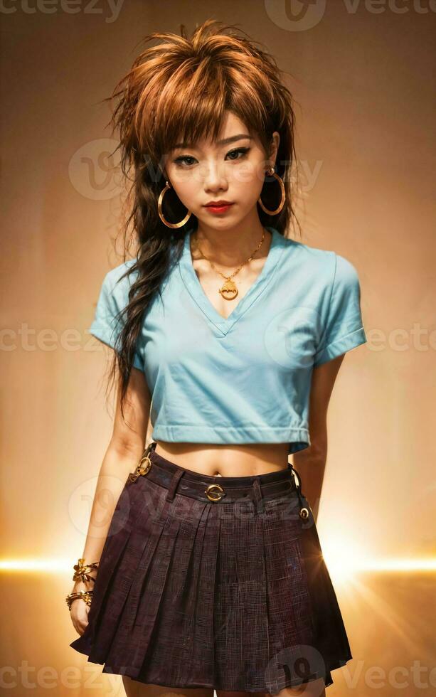 photo de adolescent espiègle asiatique femme avec accessoires et mulet coiffure, génératif ai