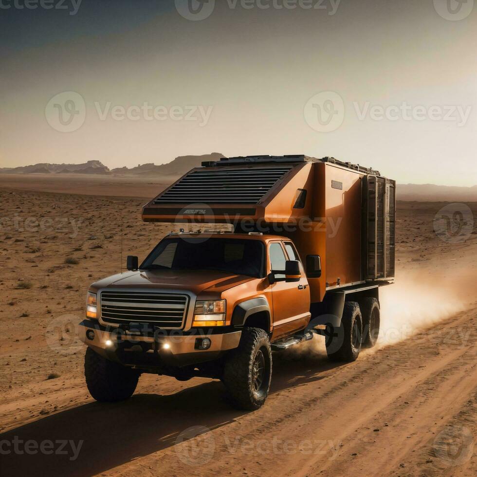 photo de un camion dans chaud le sable désert, génératif ai