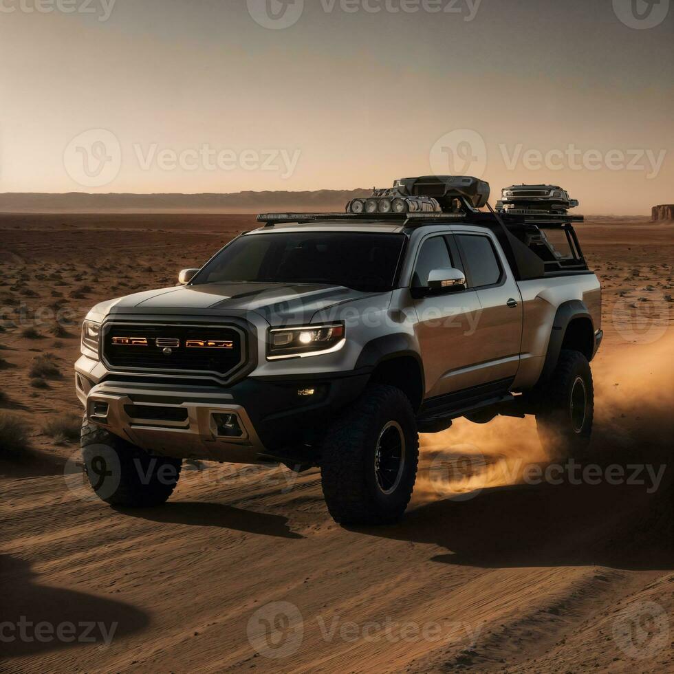 photo de un camion dans chaud le sable désert, génératif ai