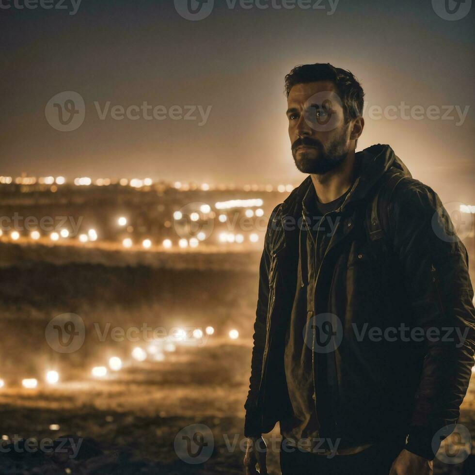 survivant gens à apocalypse monde avec abandonner endommagé bâtiment à nuit, génératif ai photo