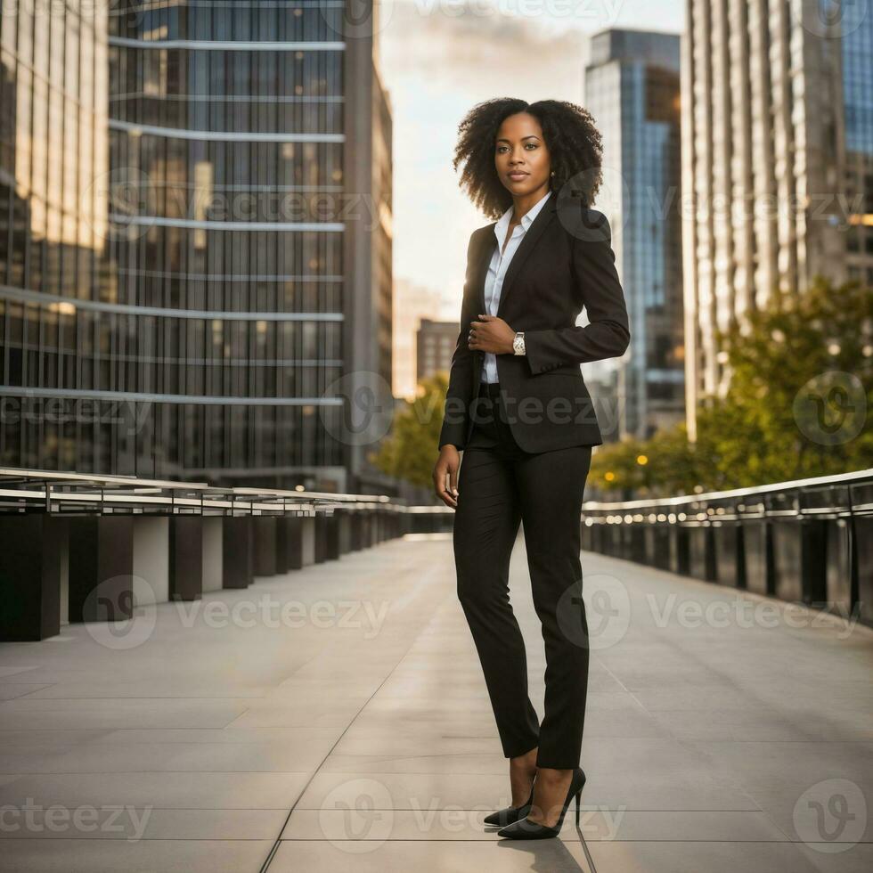 photo de intelligent africain femme avec noir affaires costume à gros moderne ville, génératif ai