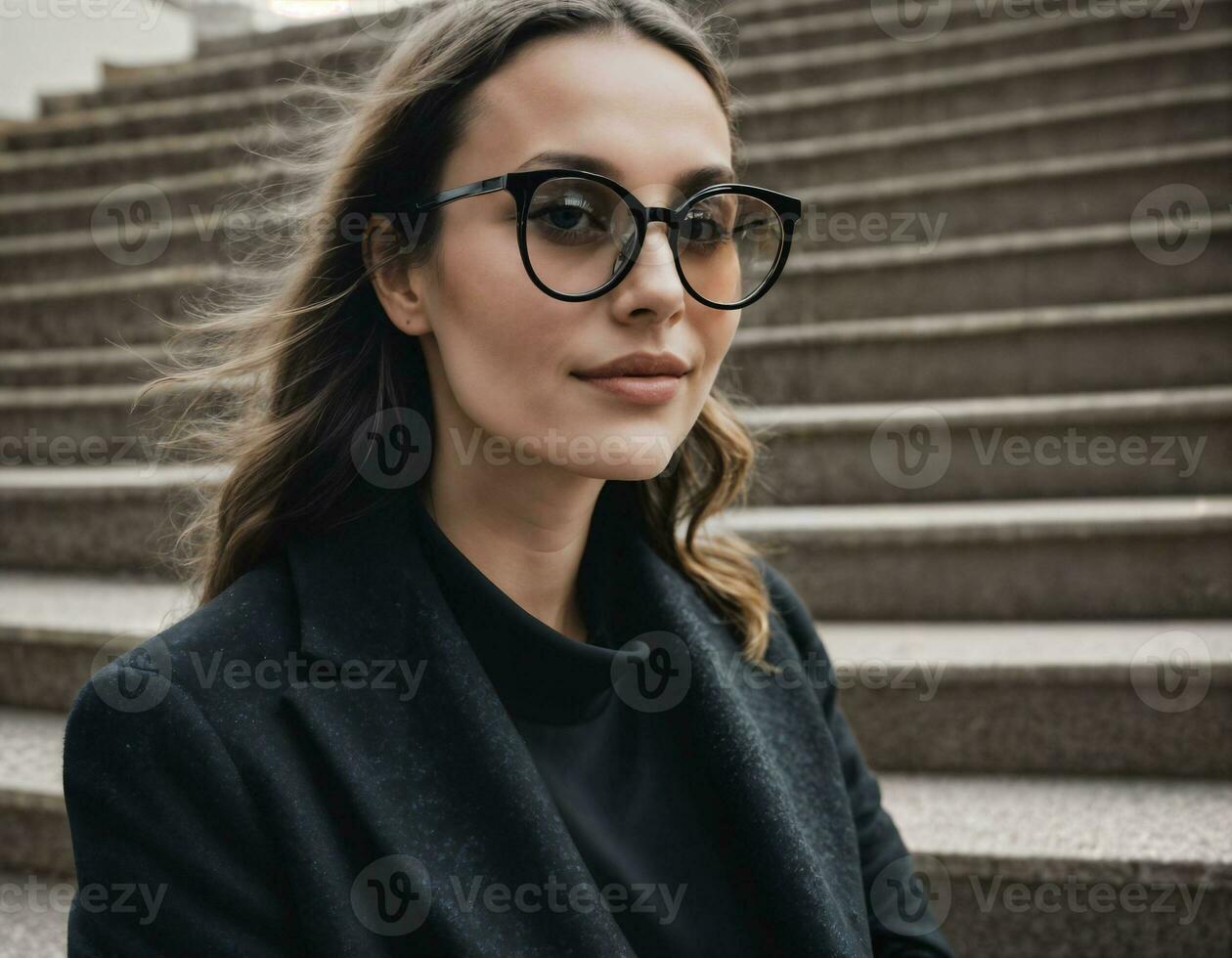 photo de magnifique femme avec noir audacieux des lunettes à escalier dans de face de bâtiment, génératif ai