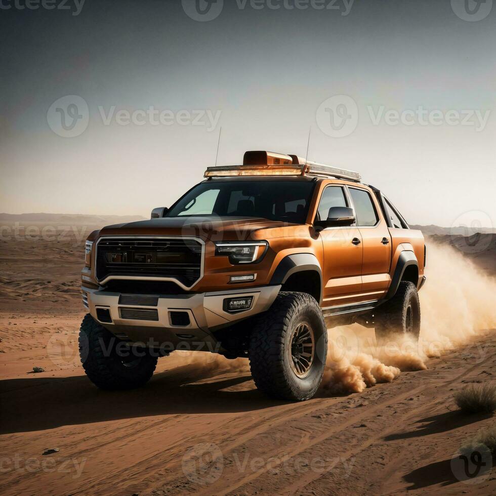 photo de un camion dans chaud le sable désert, génératif ai
