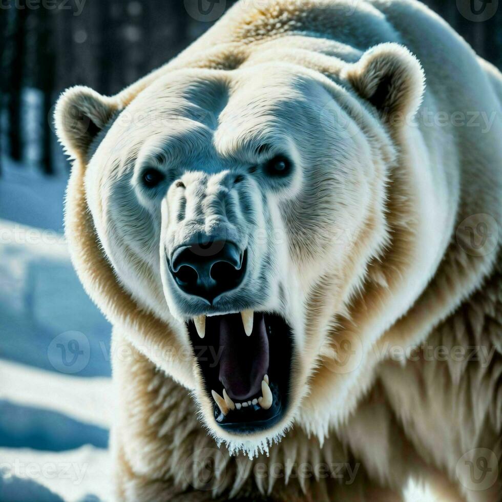 photo de gros en colère polaire ours fonctionnement dans le neige, génératif ai