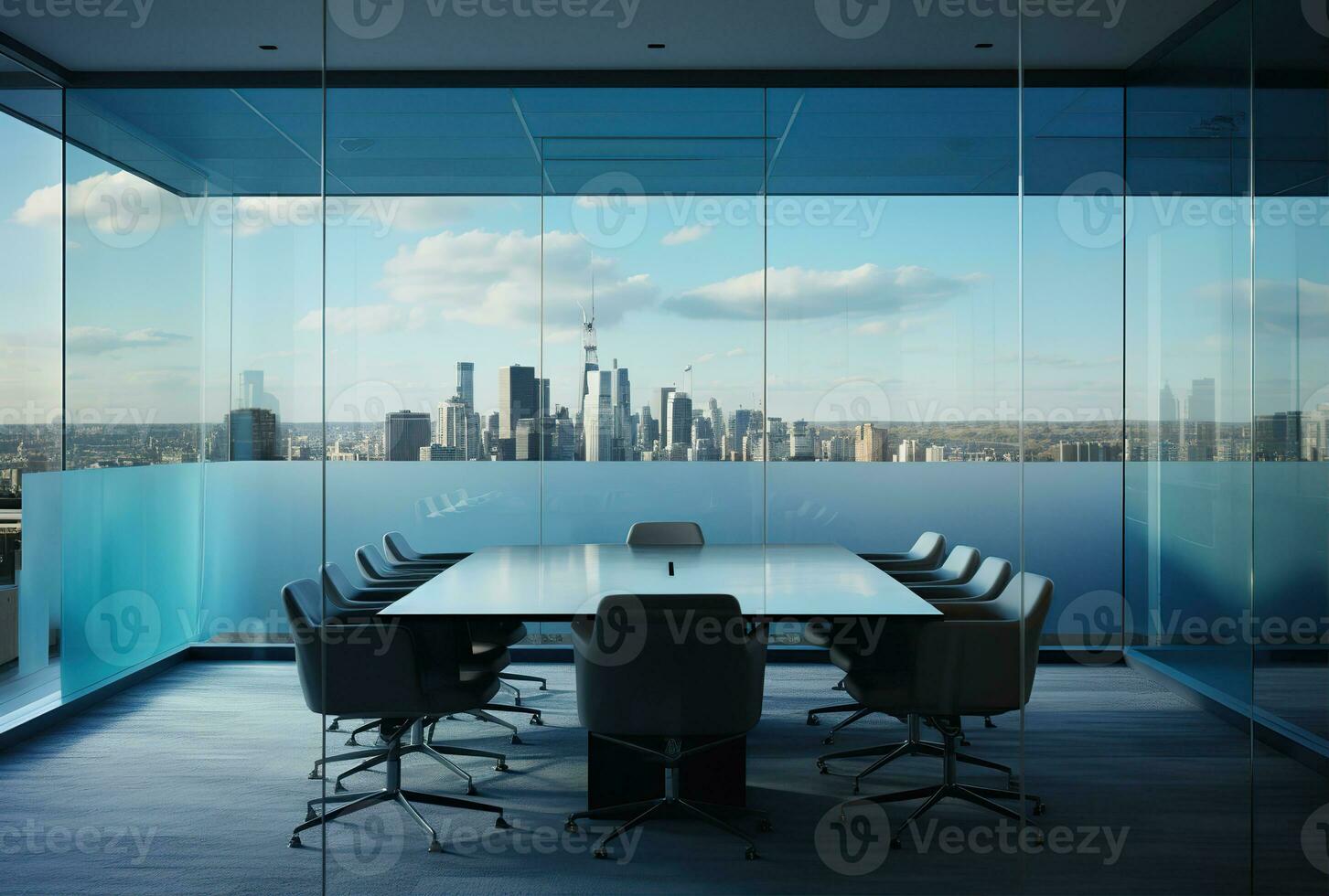 moderne Bureau réunion pièce intérieur avec verre les fenêtres. établi avec génératif ai photo