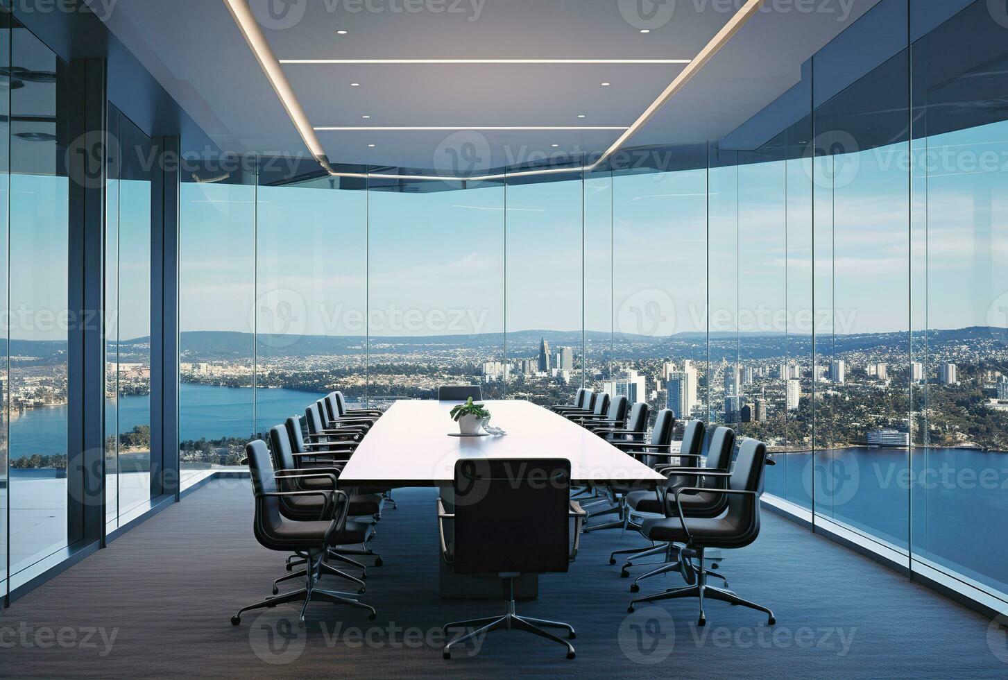 moderne Bureau réunion pièce intérieur avec verre les fenêtres. établi avec génératif ai photo